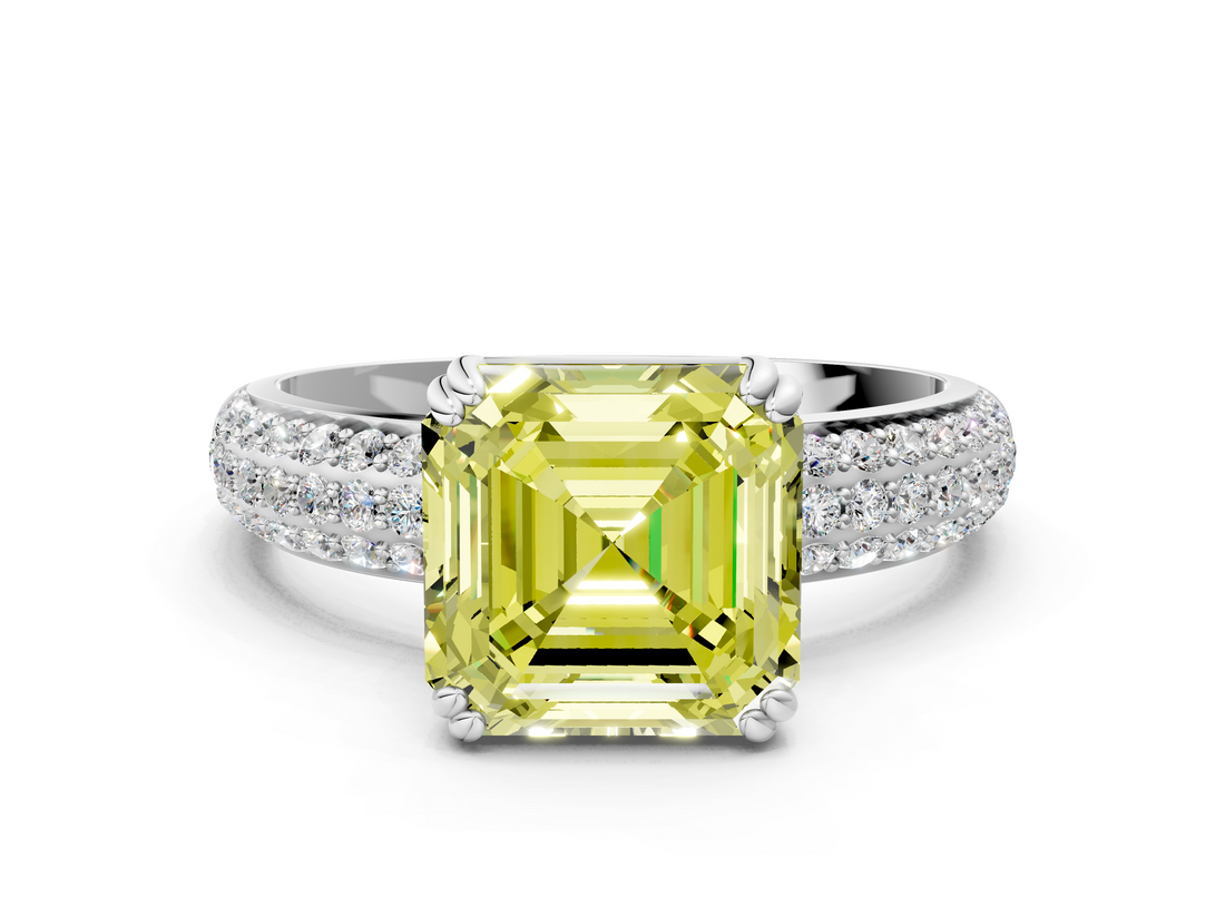 White gold Fancy Yellow Asscher  Cut Pave Diamond Engagement Ring with Channel Set Band and Four-Prong Setting