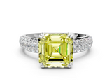 White gold Fancy Yellow Asscher  Cut Pave Diamond Engagement Ring with Channel Set Band and Four-Prong Setting