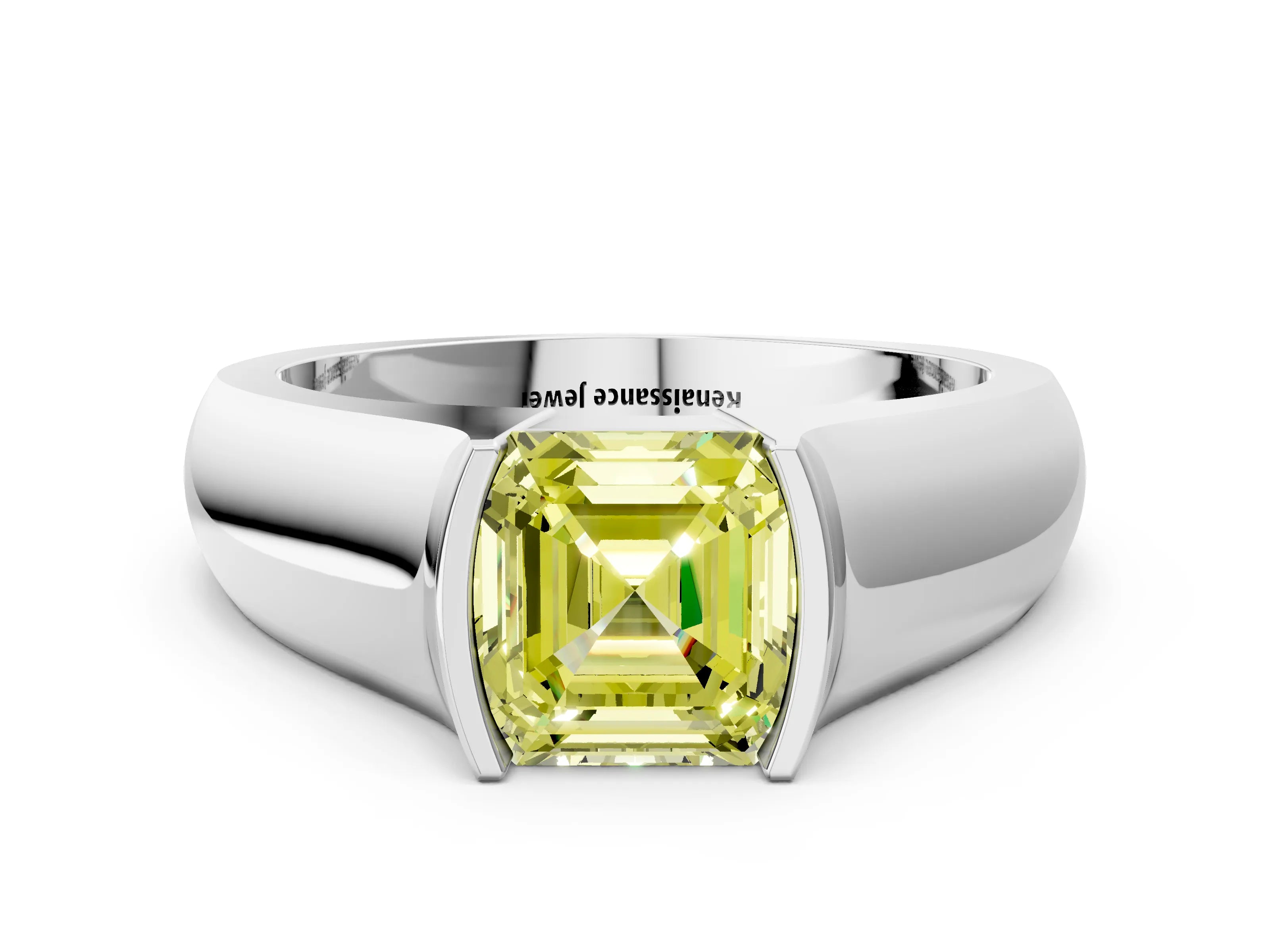 White gold Fancy Yellow Asscher Cut Solitaire Bezel Set Diamond Ring with Wide Band_12