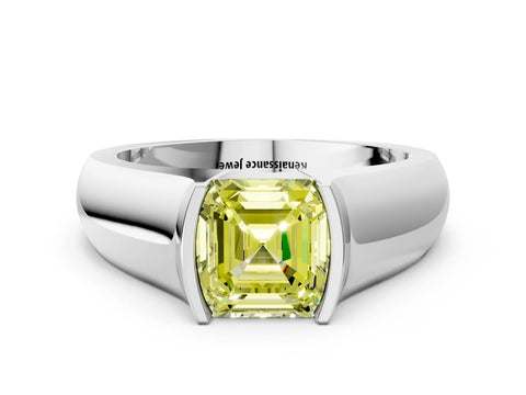 White gold Fancy Yellow Asscher Cut Solitaire Bezel Set Diamond Ring with Wide Band_12