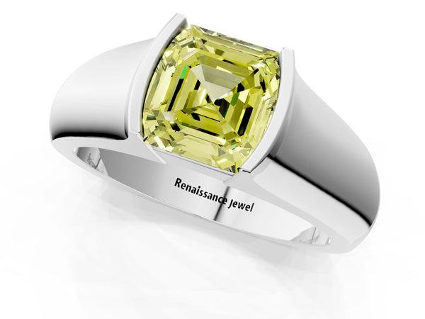 Platinum Asscher Cut Half Bezel Engagement Ring Setting for Fancy Yellow Center - Design RJ-777