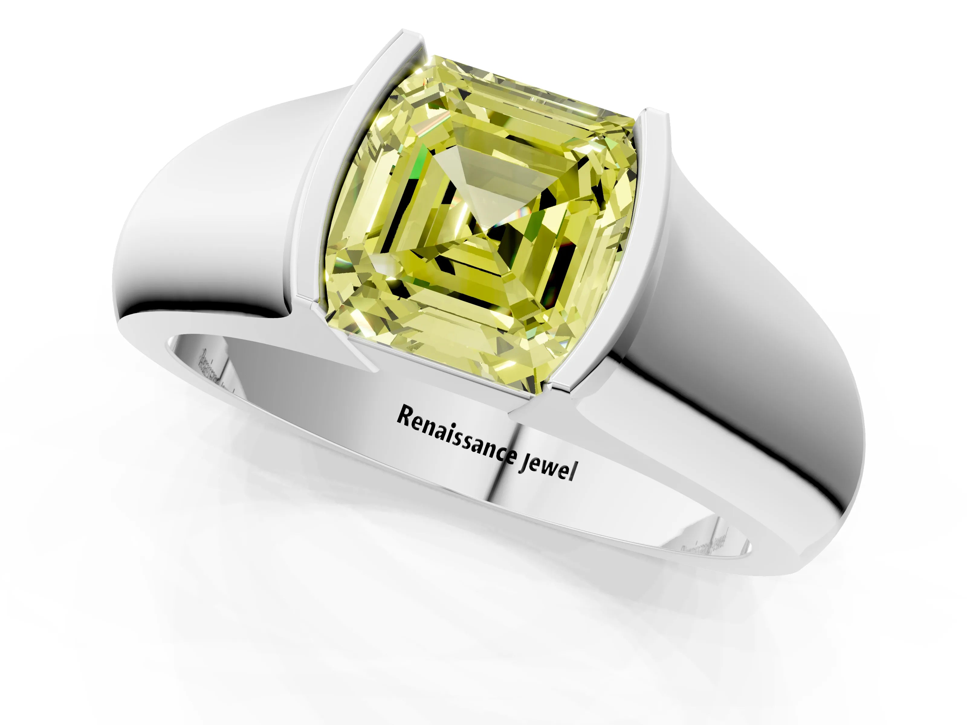 White gold Fancy Yellow Asscher Cut Solitaire Bezel Set Diamond Ring with Wide Band_13