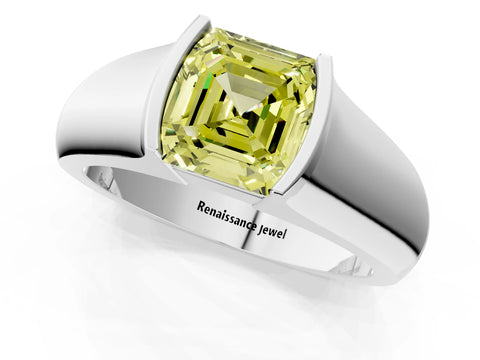 White gold Fancy Yellow Asscher Cut Solitaire Bezel Set Diamond Ring with Wide Band_13