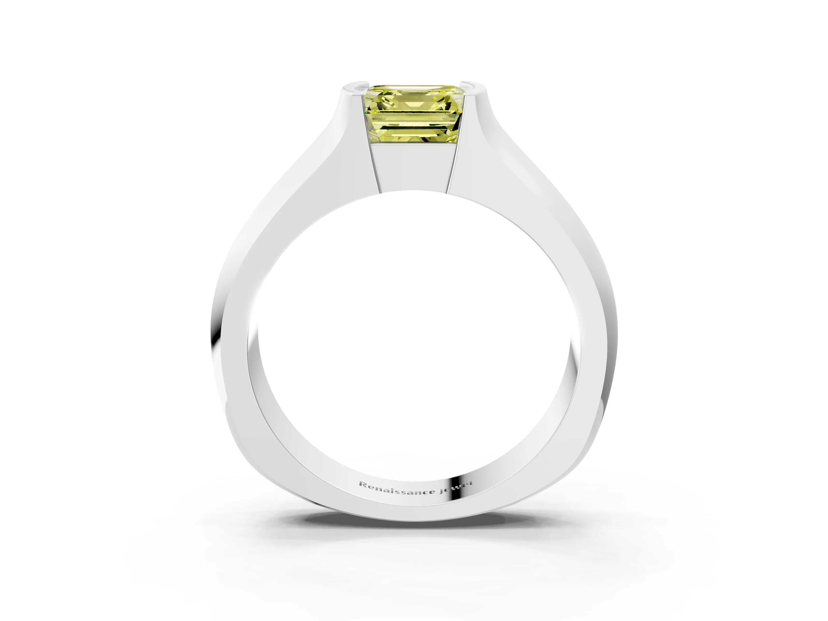 White gold Fancy Yellow Asscher Cut Solitaire Bezel Set Diamond Ring with Wide Band_15