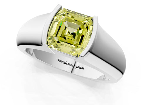 White gold Fancy Yellow Asscher Cut Solitaire Bezel Set Diamond Ring with Wide Band_1