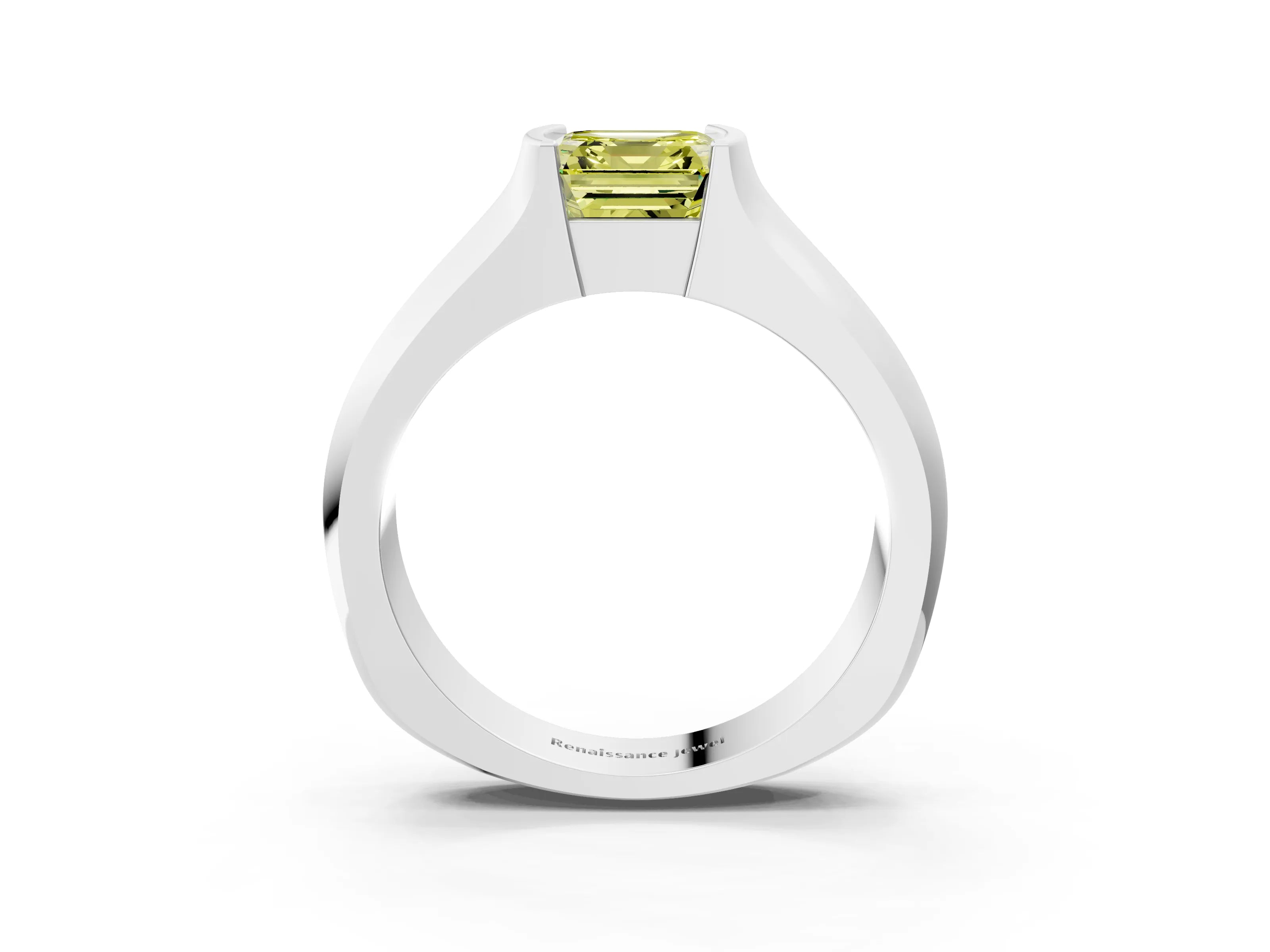 White gold Fancy Yellow Asscher Cut Solitaire Bezel Set Diamond Ring with Wide Band_3