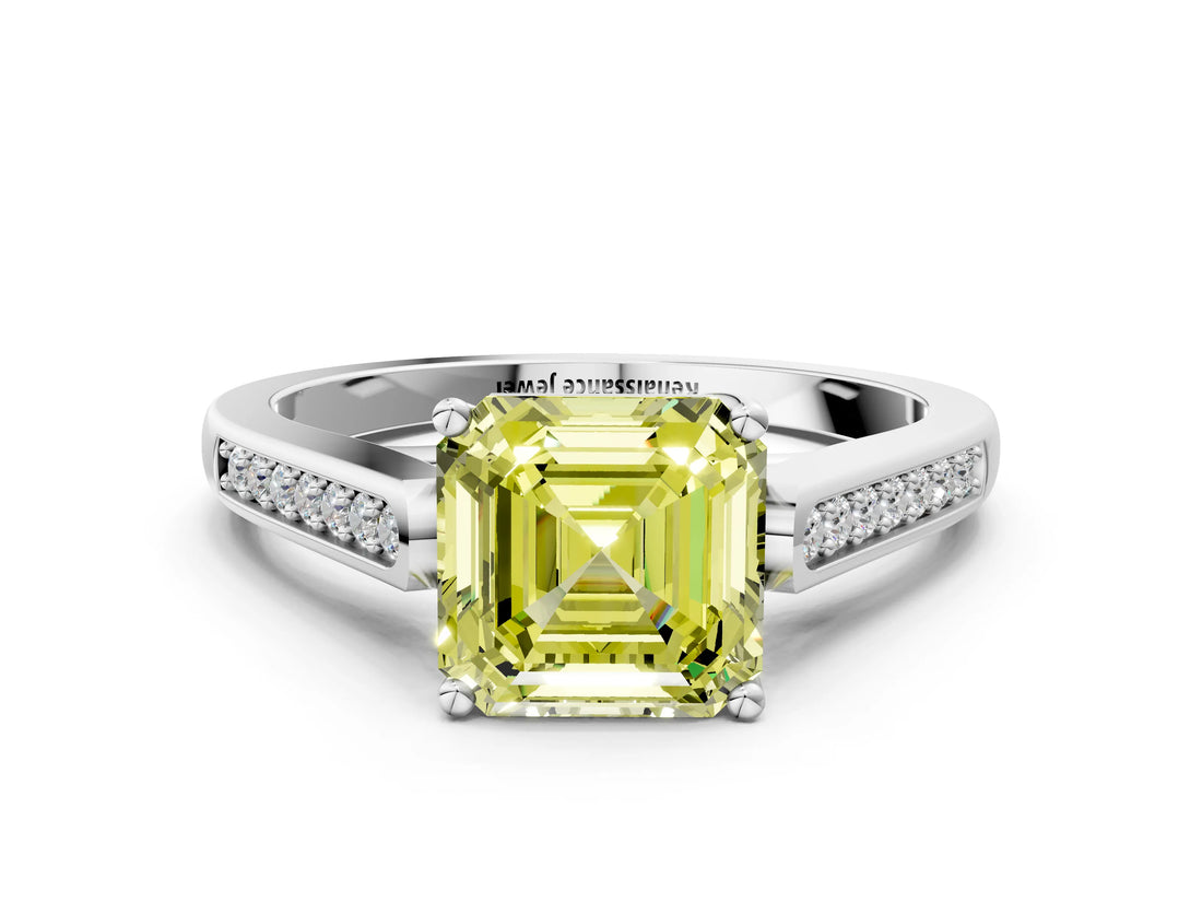 White gold Fancy Yellow Asscher Cut Solitaire Cathedral Diamond Engagement Ring with Channel-Set Band and Four-Prong Setting_15