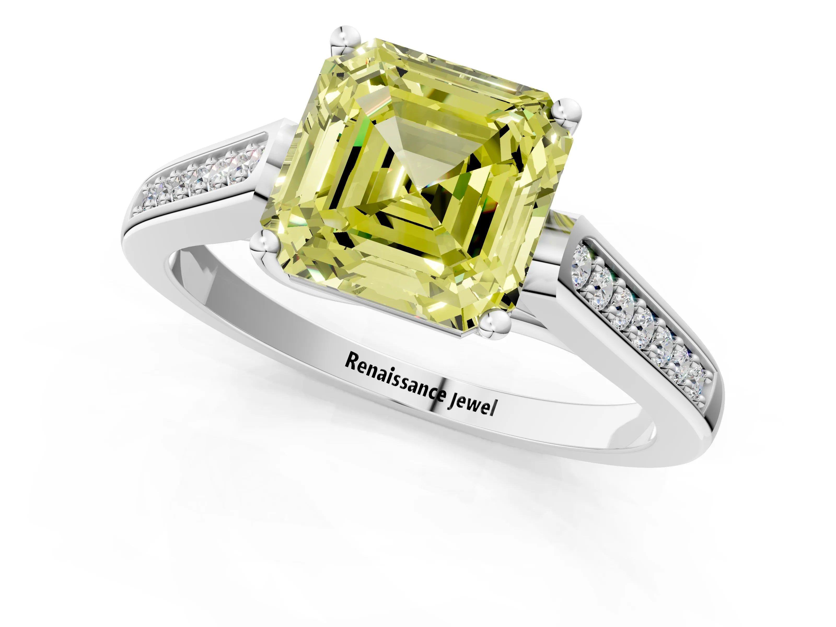 White gold Fancy Yellow Asscher Cut Solitaire Cathedral Diamond Engagement Ring with Channel-Set Band and Four-Prong Setting_16