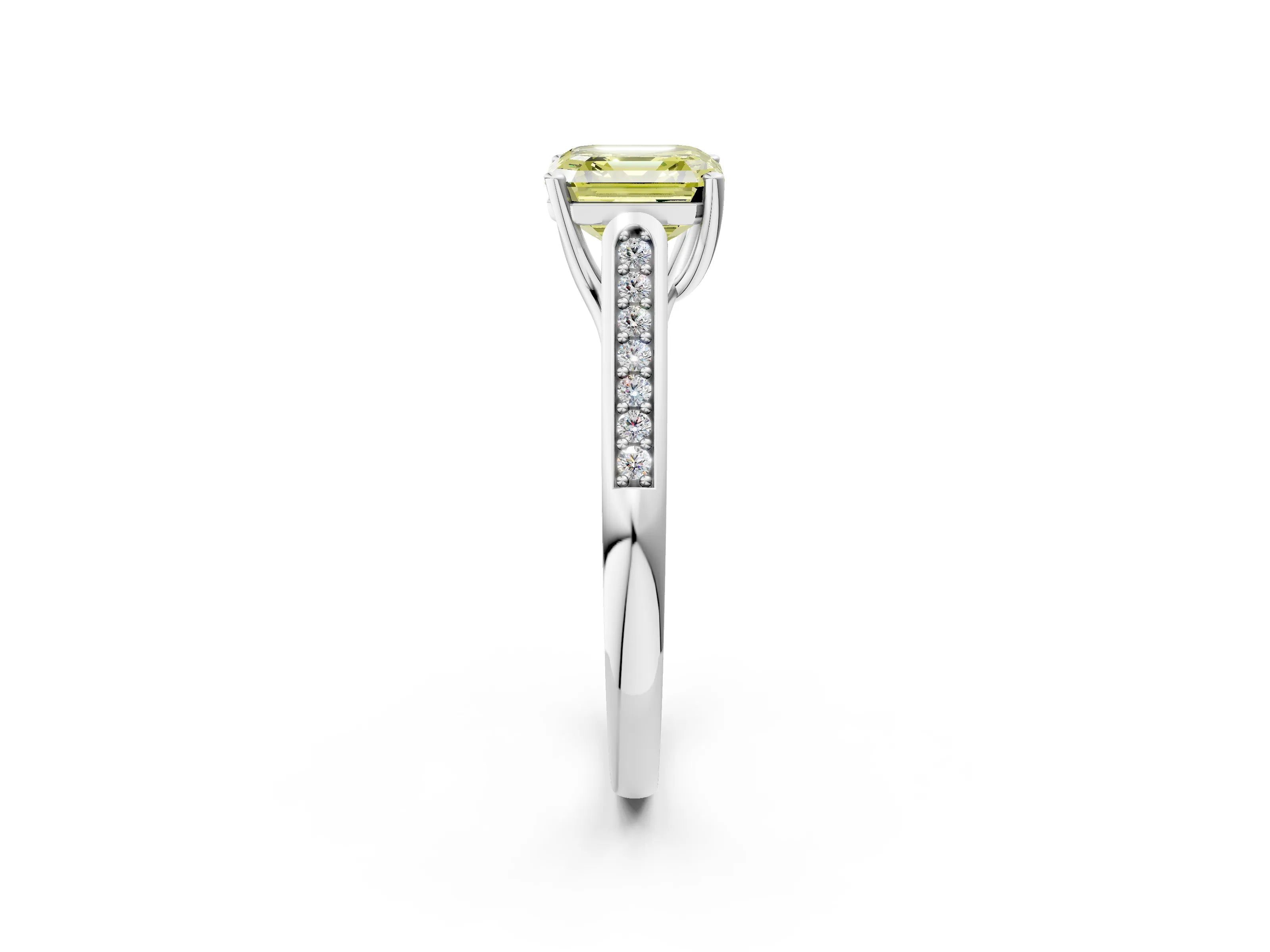 White gold Fancy Yellow Asscher Cut Solitaire Cathedral Diamond Engagement Ring with Channel-Set Band and Four-Prong Setting_17