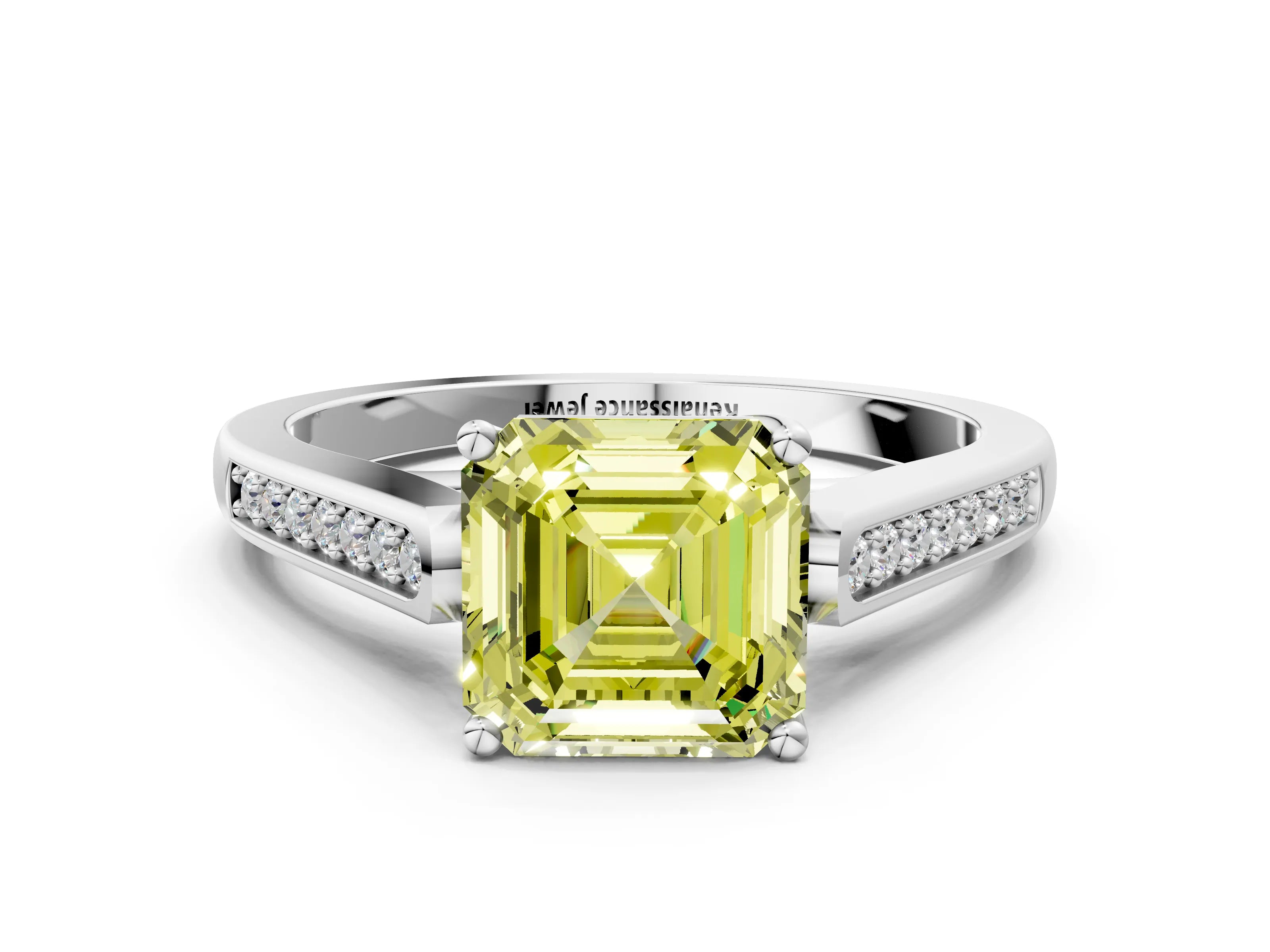 White gold Fancy Yellow Asscher Cut Solitaire Cathedral Diamond Engagement Ring with Channel-Set Band and Four-Prong Setting_3
