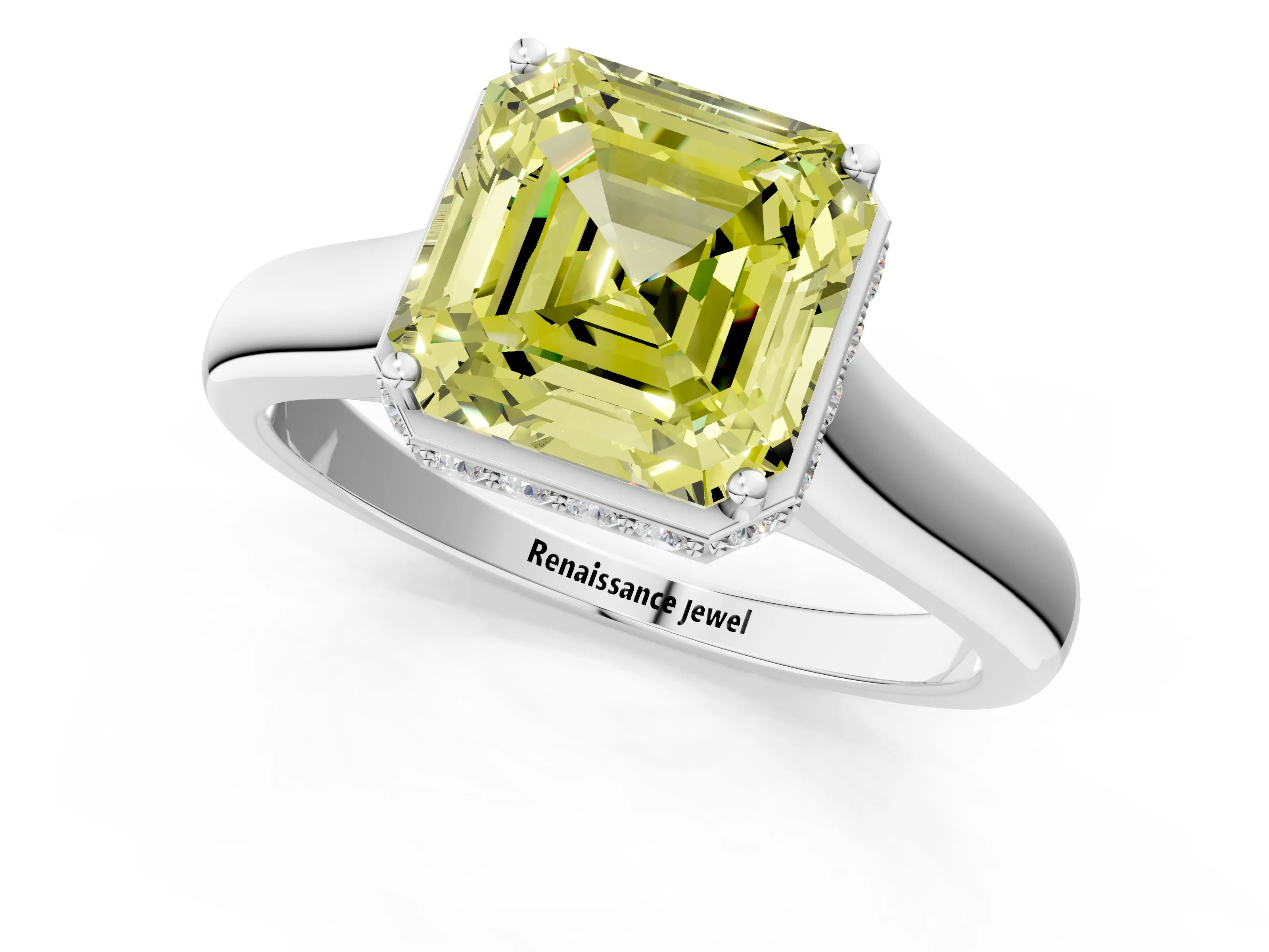 White gold Fancy Yellow Asscher Cut Solitaire Diamond Engagement Ring with Four-Prong Setting and Tapered Band_13