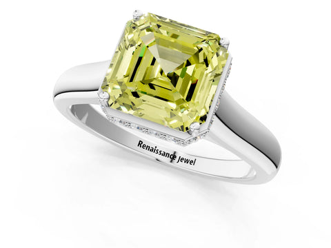 White gold Fancy Yellow Asscher Cut Solitaire Diamond Engagement Ring with Four-Prong Setting and Tapered Band_13