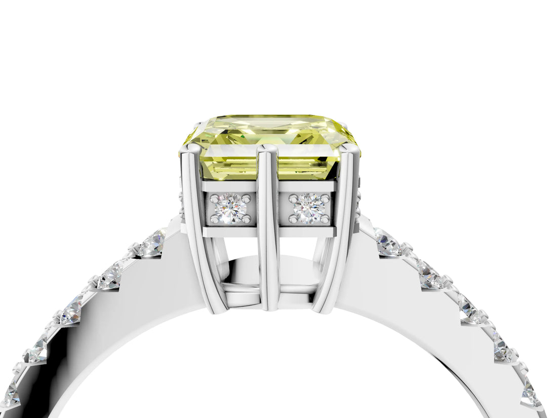 White gold Fancy Yellow Asscher Cut Solitaire Diamond Engagement Ring with Pavé Band and Six-Prong Setting_11