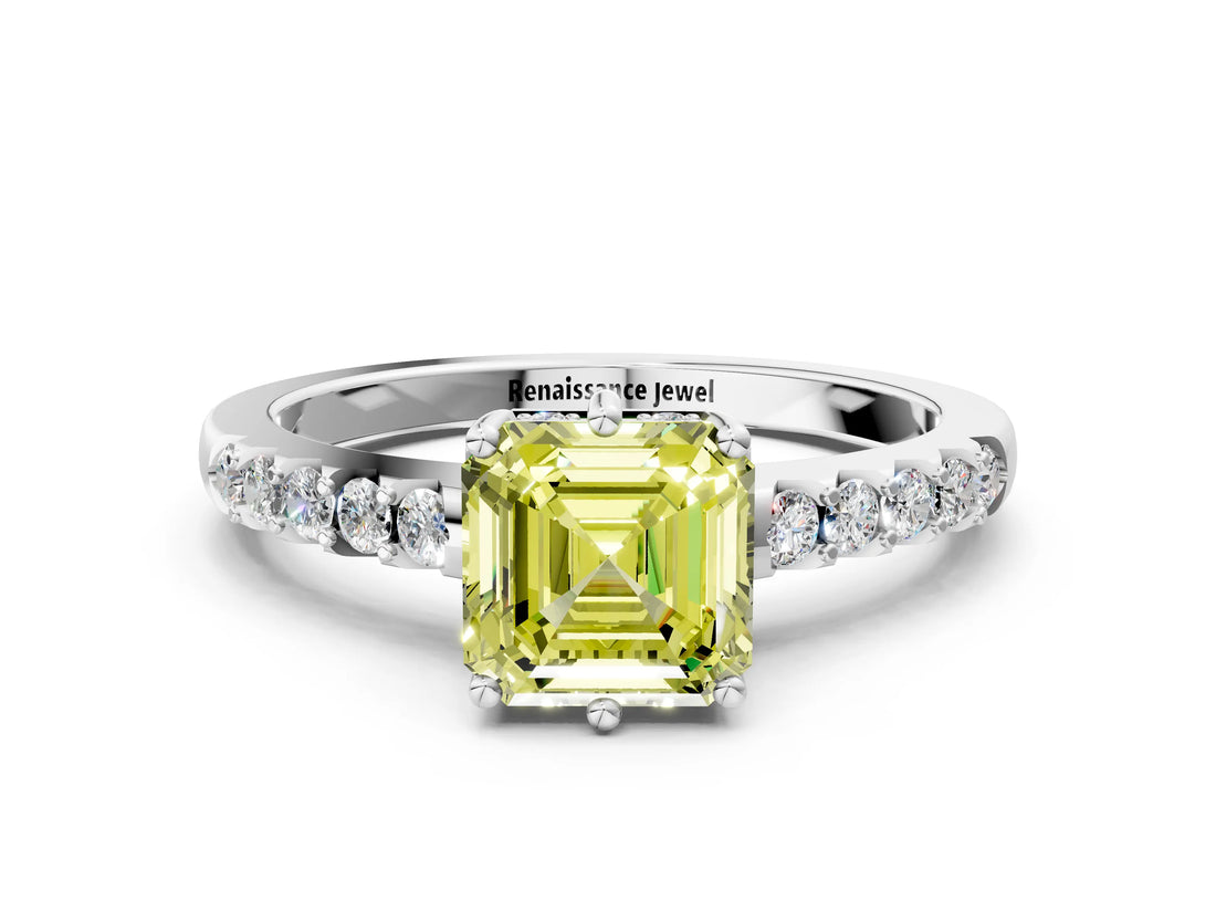 White gold Fancy Yellow Asscher Cut Solitaire Diamond Engagement Ring with Pavé Band and Six-Prong Setting_20