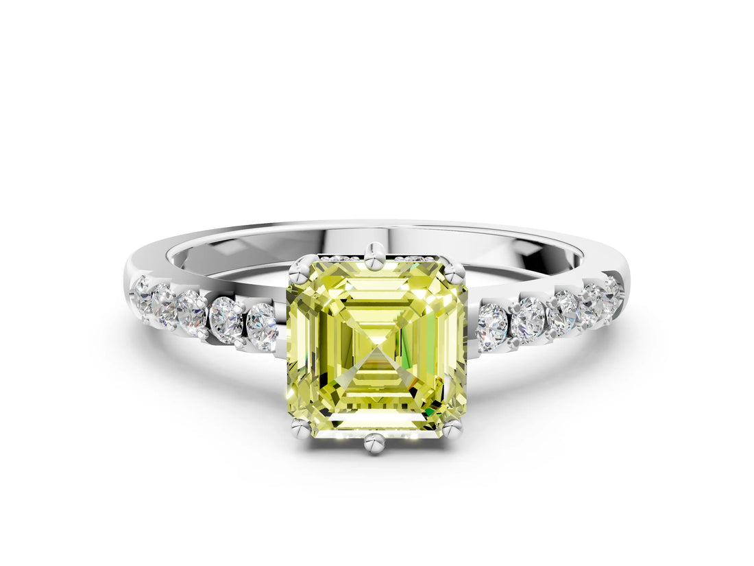 White gold Fancy Yellow Asscher Cut Solitaire Diamond Engagement Ring with Pavé Band and Six-Prong Setting_36