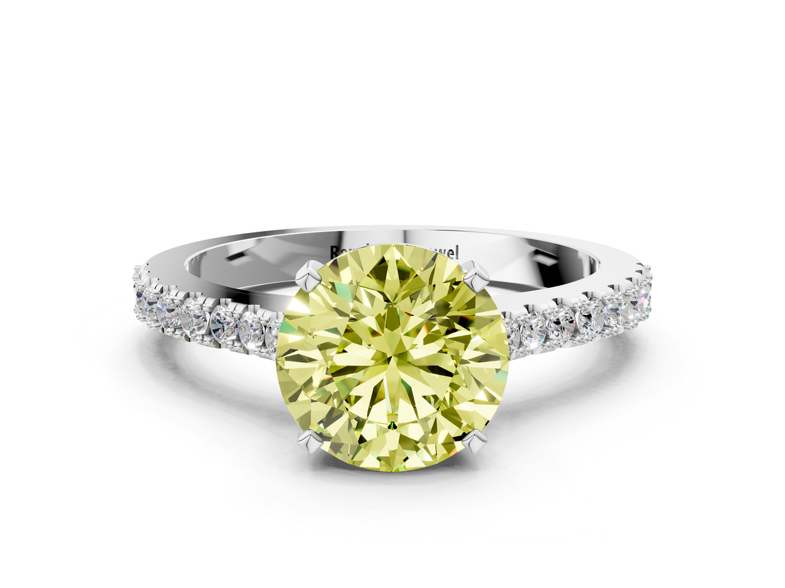 White gold Fancy Yellow Asscher  Cut Solitaire Diamond Engagement Ring with Pave Band and Four-Prong Setting