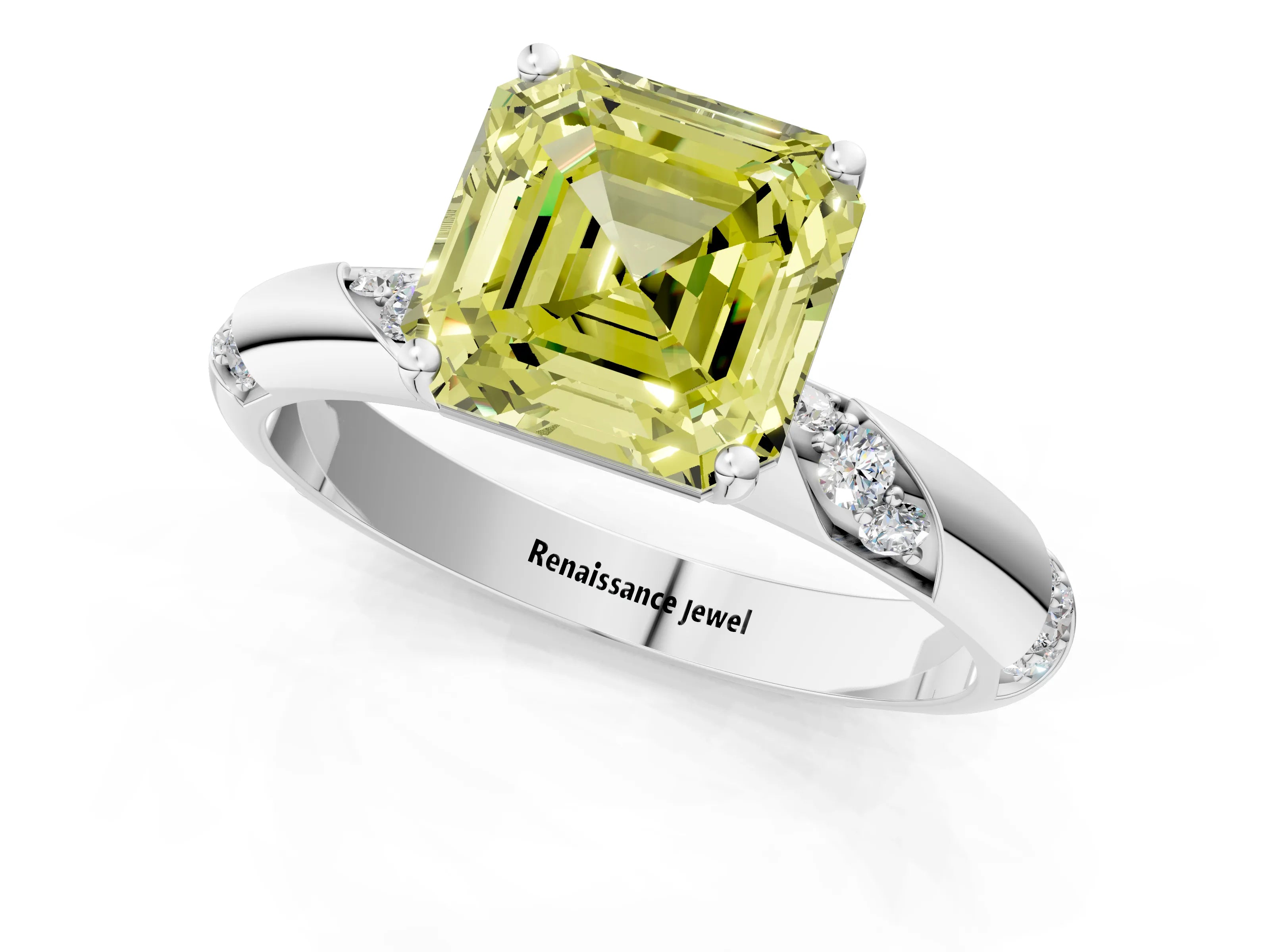 White gold Fancy Yellow Asscher Cut Solitaire Diamond Engagement Ring with Twisted Pave Band and Four-Prong Setting_20