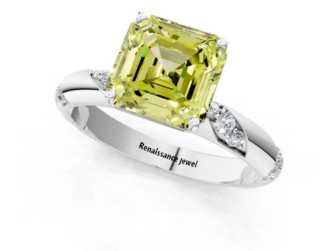 White gold Fancy Yellow Asscher Cut Solitaire Diamond Engagement Ring with Twisted Pave Band and Four-Prong Setting_20