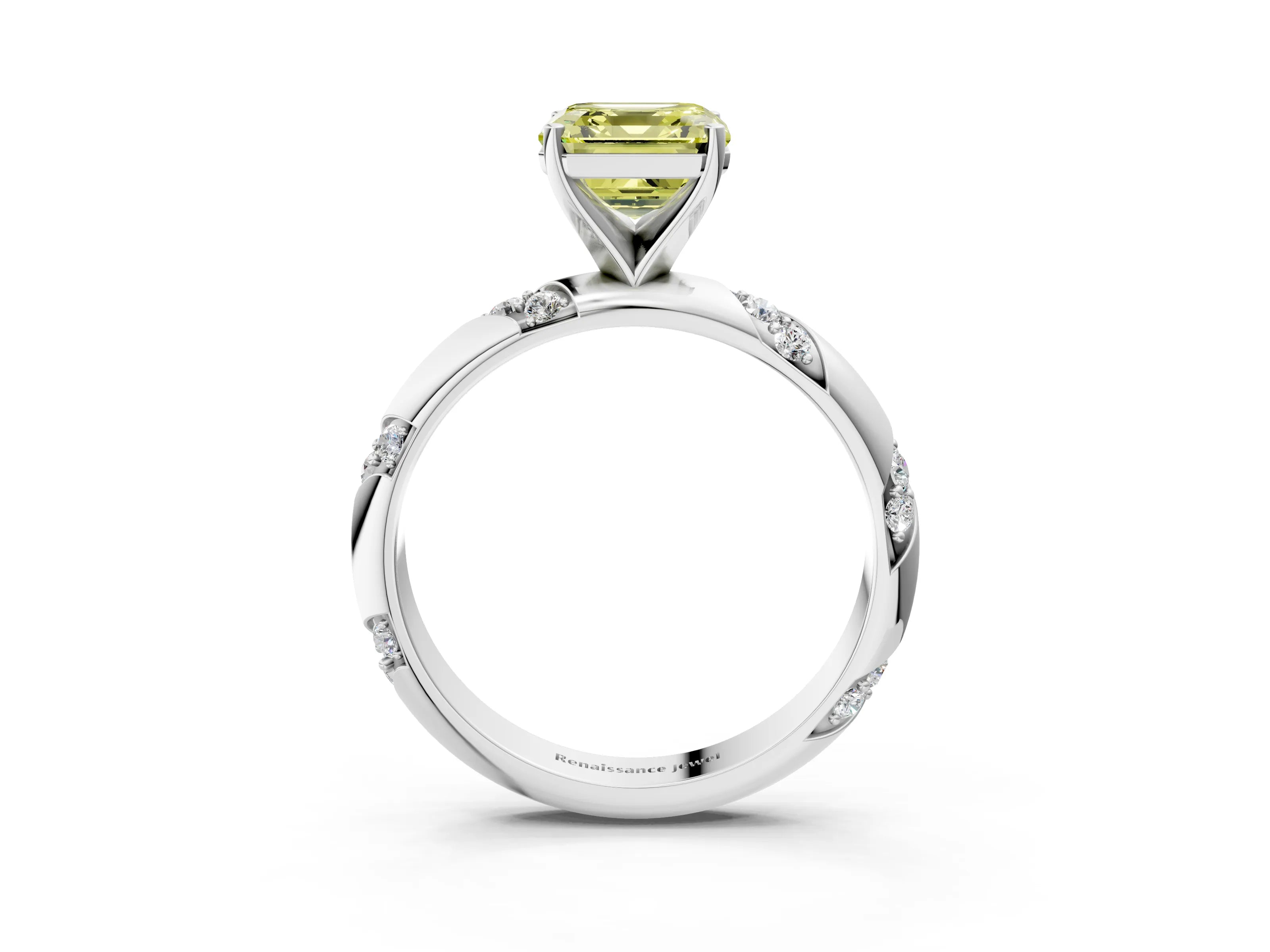 White gold Fancy Yellow Asscher Cut Solitaire Diamond Engagement Ring with Twisted Pave Band and Four-Prong Setting_22