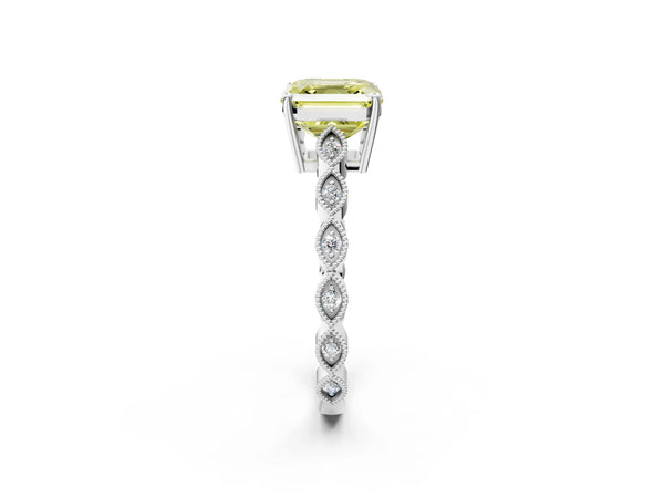 White gold Fancy Yellow Asscher Cut Solitaire Diamond Ring with Infinity Twist Band and Four-Prong Setting