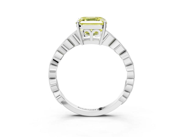 White gold Fancy Yellow Asscher Cut Solitaire Diamond Ring with Infinity Twist Band and Four-Prong Setting