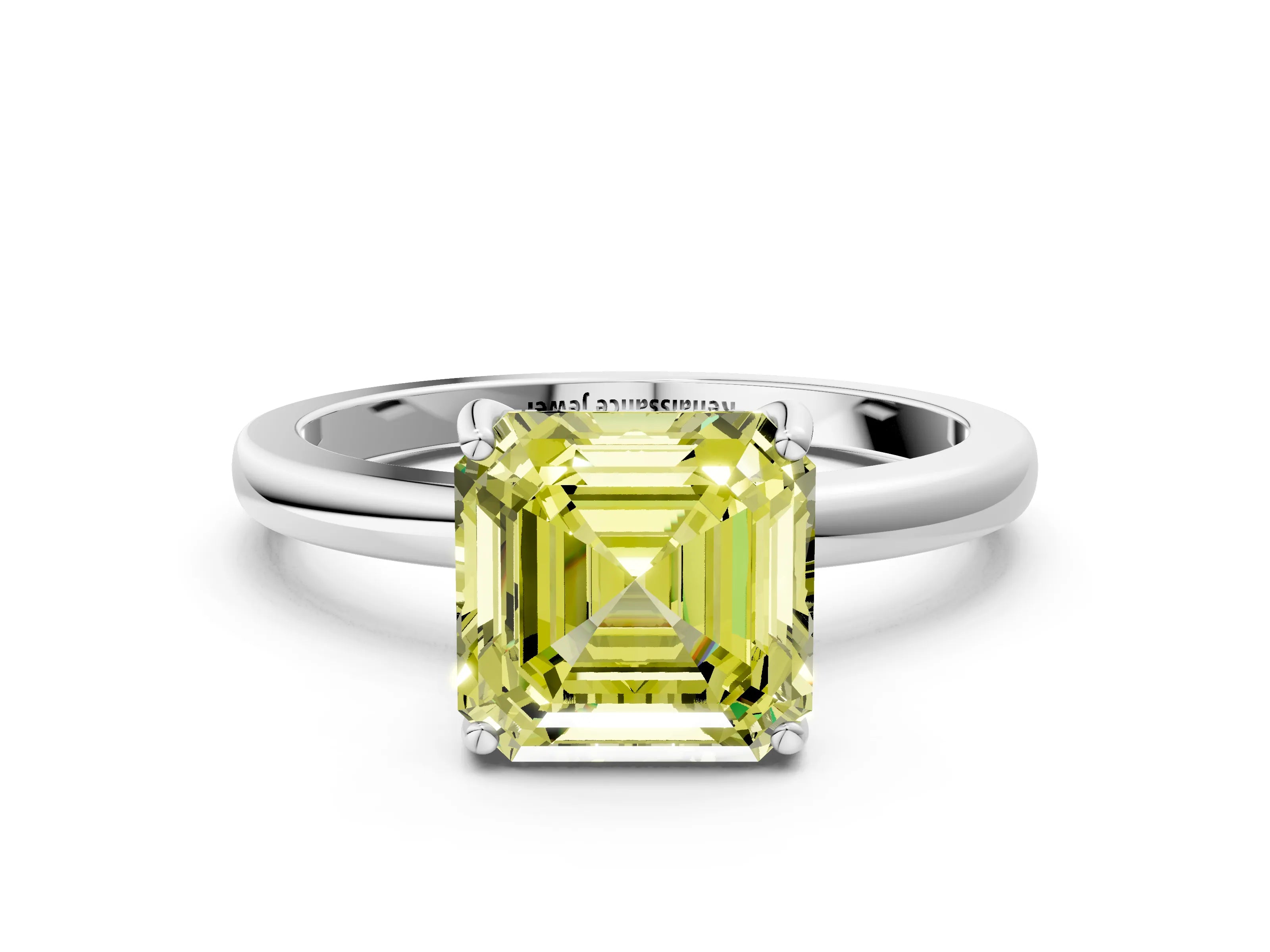 White gold Fancy Yellow Asscher Cut Solitaire Diamond Ring with Prong Setting and Plain Band_12