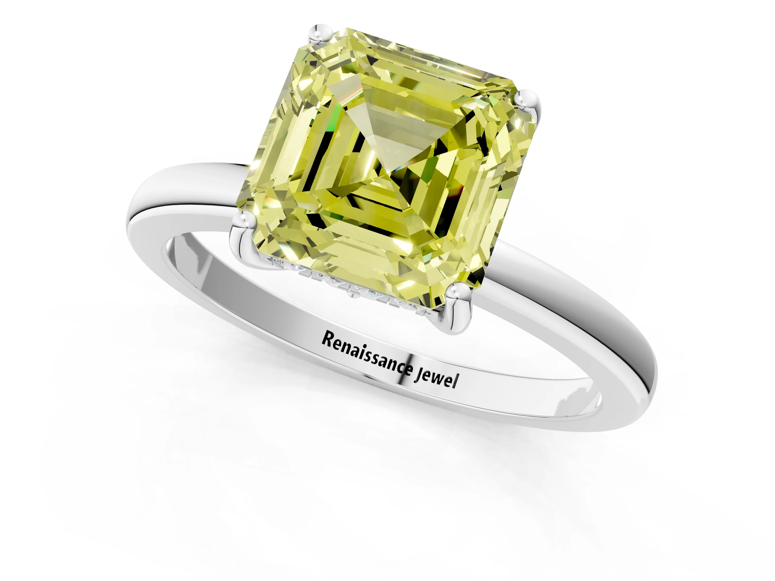 White gold Fancy Yellow Asscher Cut Solitaire Diamond Ring with Prong Setting and Plain Band_13