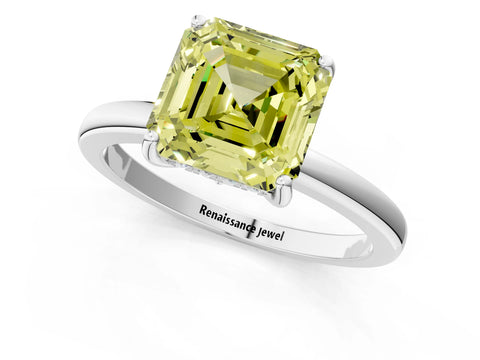 White gold Fancy Yellow Asscher Cut Solitaire Diamond Ring with Prong Setting and Plain Band_13