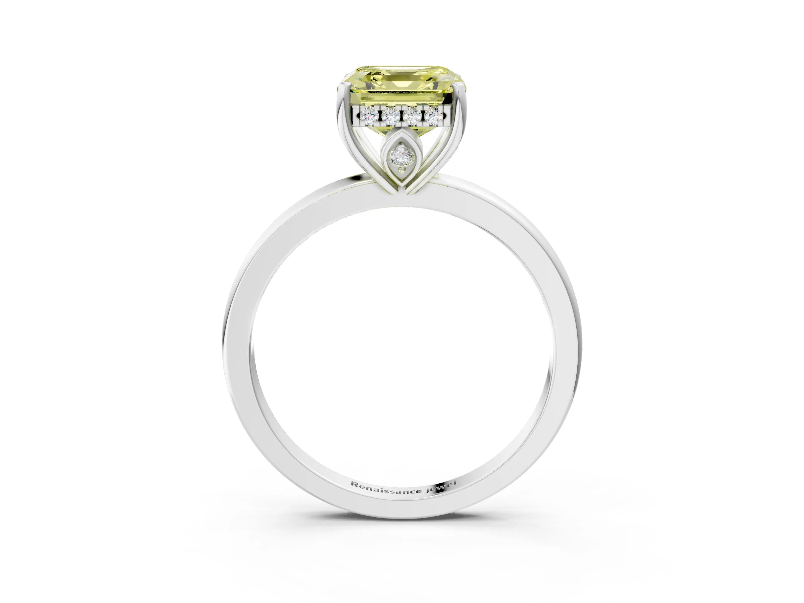 White gold Fancy Yellow Asscher Cut Solitaire Diamond Ring with Prong Setting and Plain Band_15
