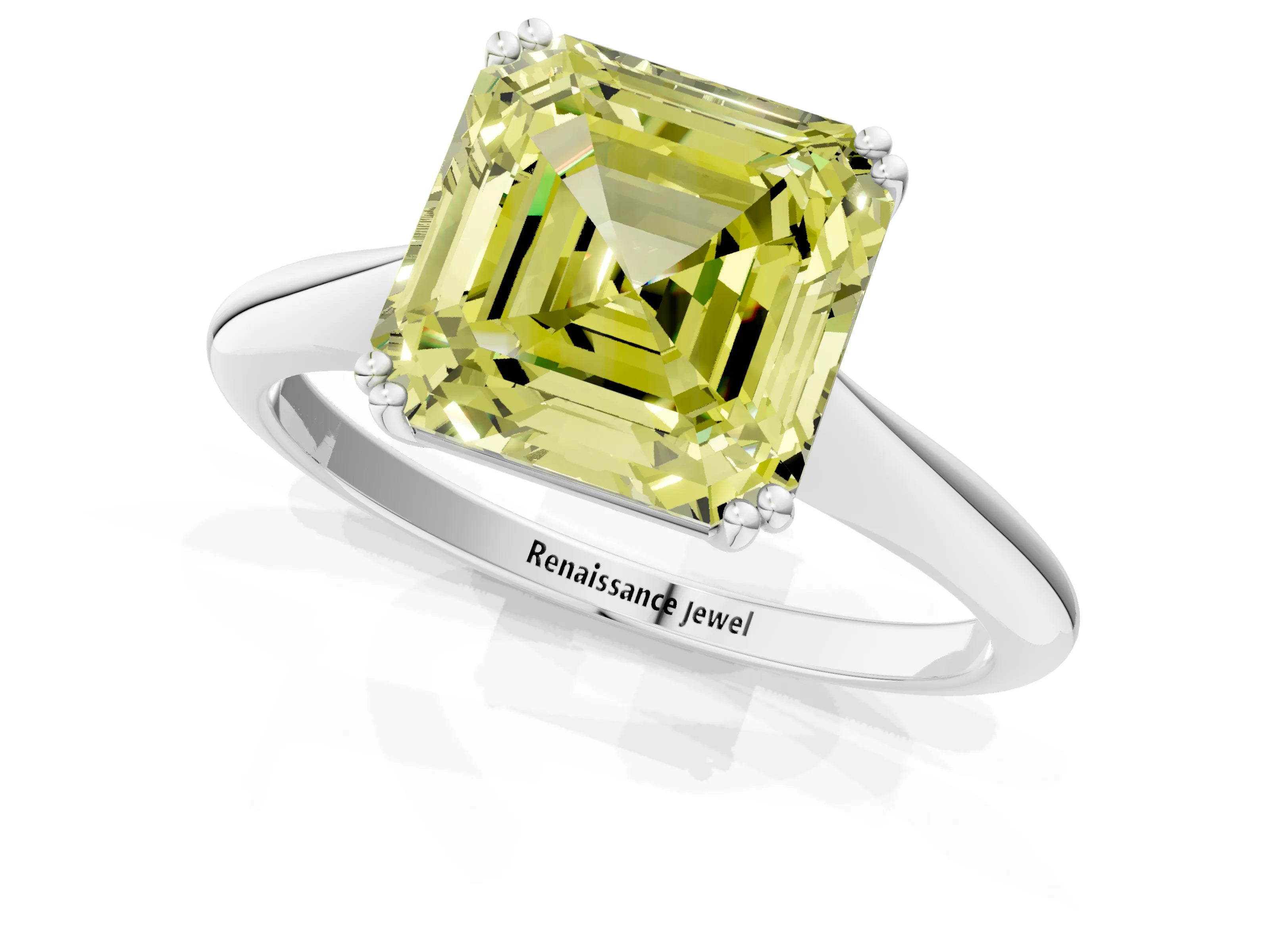 White gold Fancy Yellow Asscher Cut Solitaire Diamond Ring with Six-Prong Setting and Classic Band_1