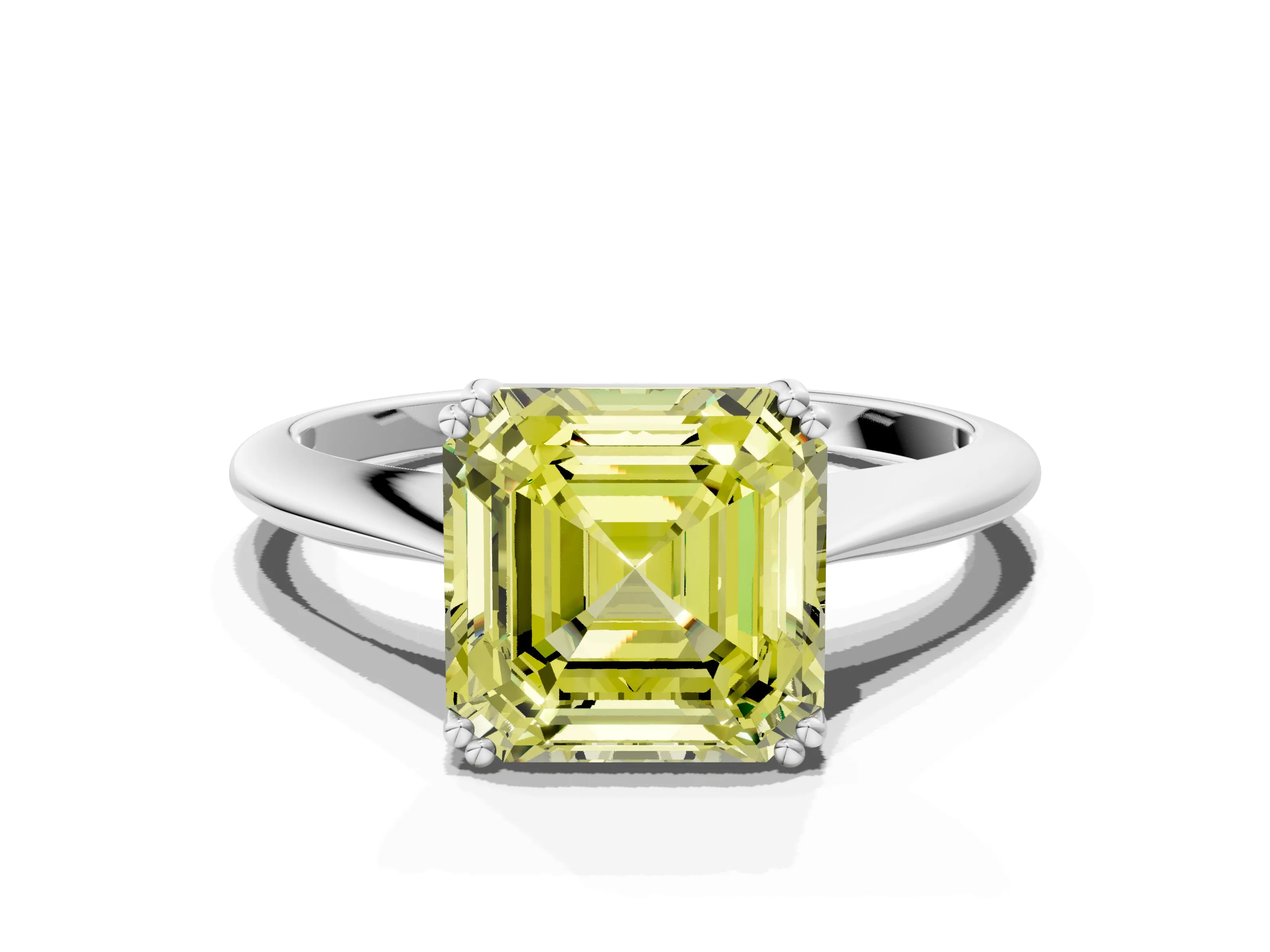 White gold Fancy Yellow Asscher Cut Solitaire Diamond Ring with Six-Prong Setting and Classic Band