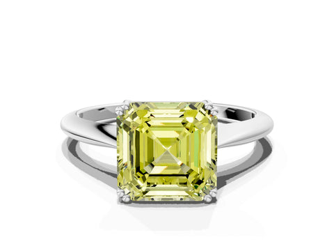 White gold Fancy Yellow Asscher Cut Solitaire Diamond Ring with Six-Prong Setting and Classic Band