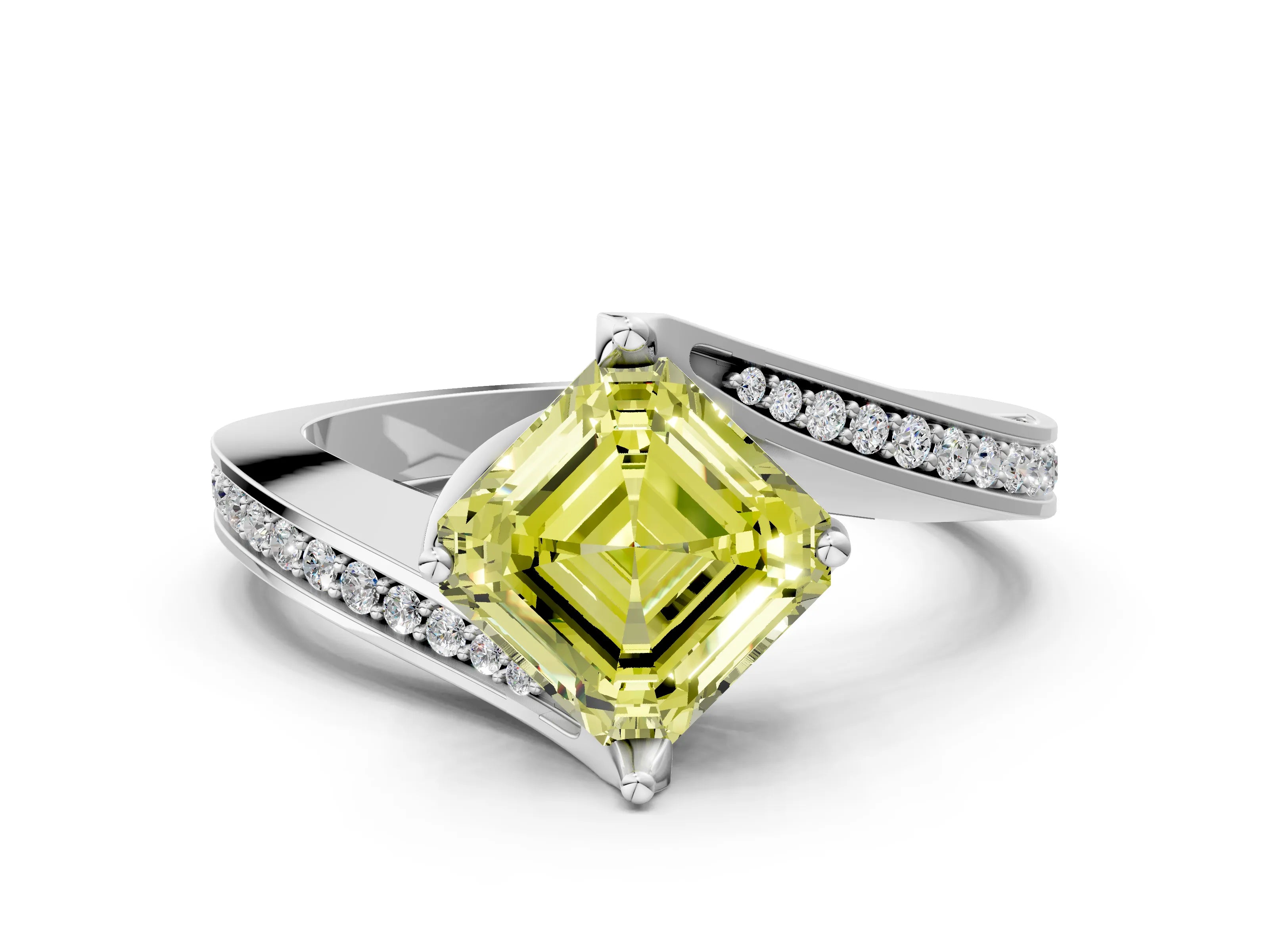 White gold Fancy Yellow Asscher Cut Solitaire Diamond Twist Band with Pavé Setting and Four-Prong Setting_12