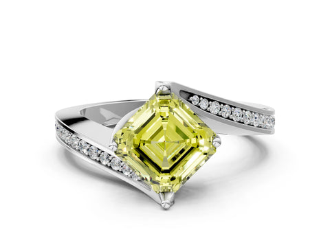 White gold Fancy Yellow Asscher Cut Solitaire Diamond Twist Band with Pavé Setting and Four-Prong Setting_12