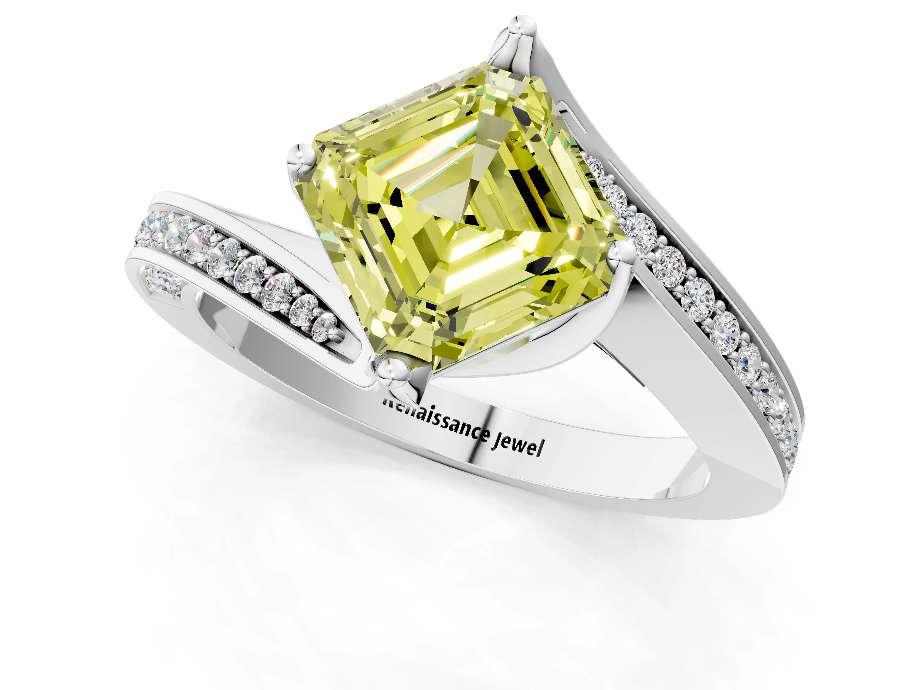 White gold Fancy Yellow Asscher Cut Solitaire Diamond Twist Band with Pavé Setting and Four-Prong Setting_13