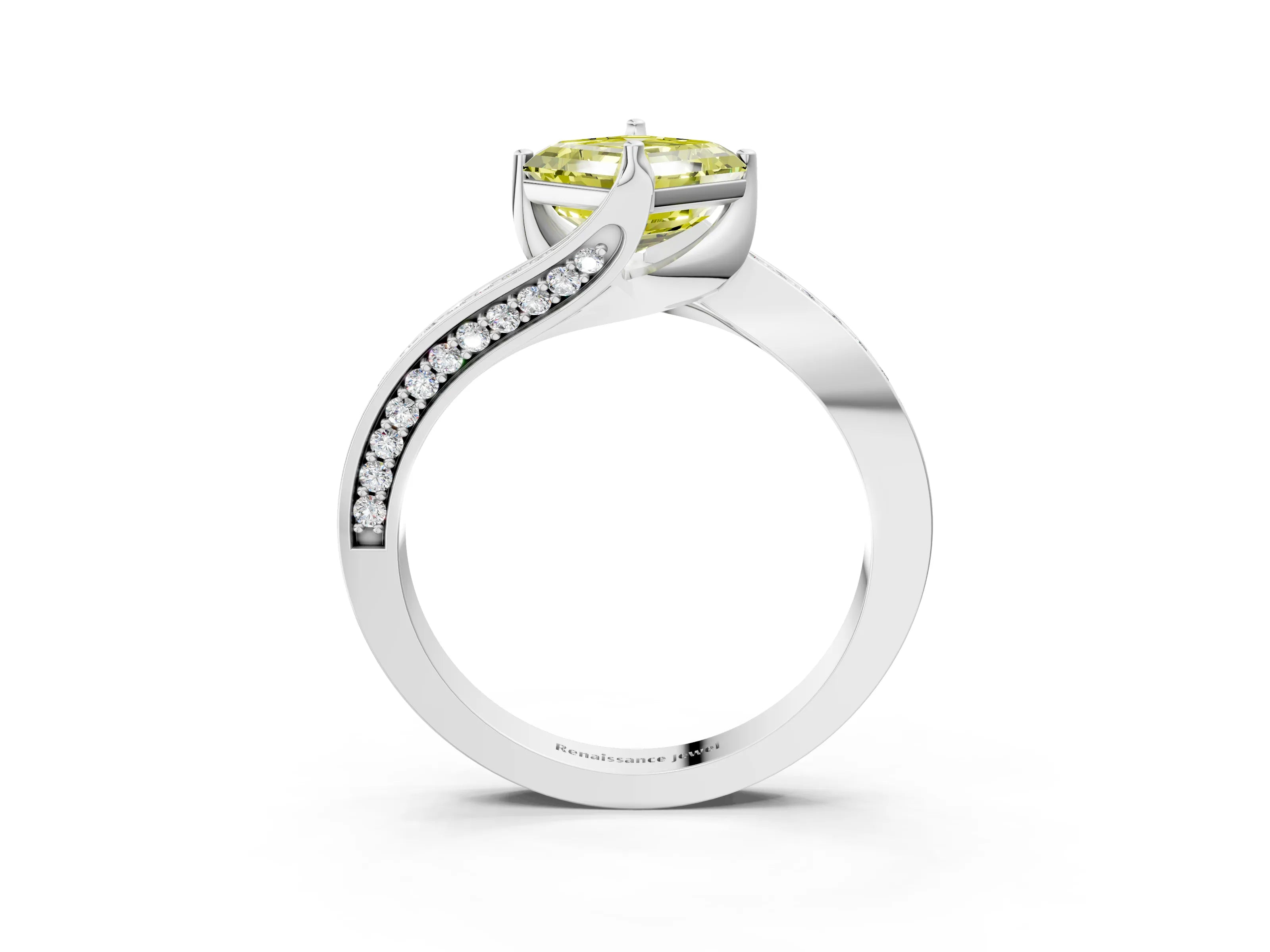 White gold Fancy Yellow Asscher Cut Solitaire Diamond Twist Band with Pavé Setting and Four-Prong Setting_15