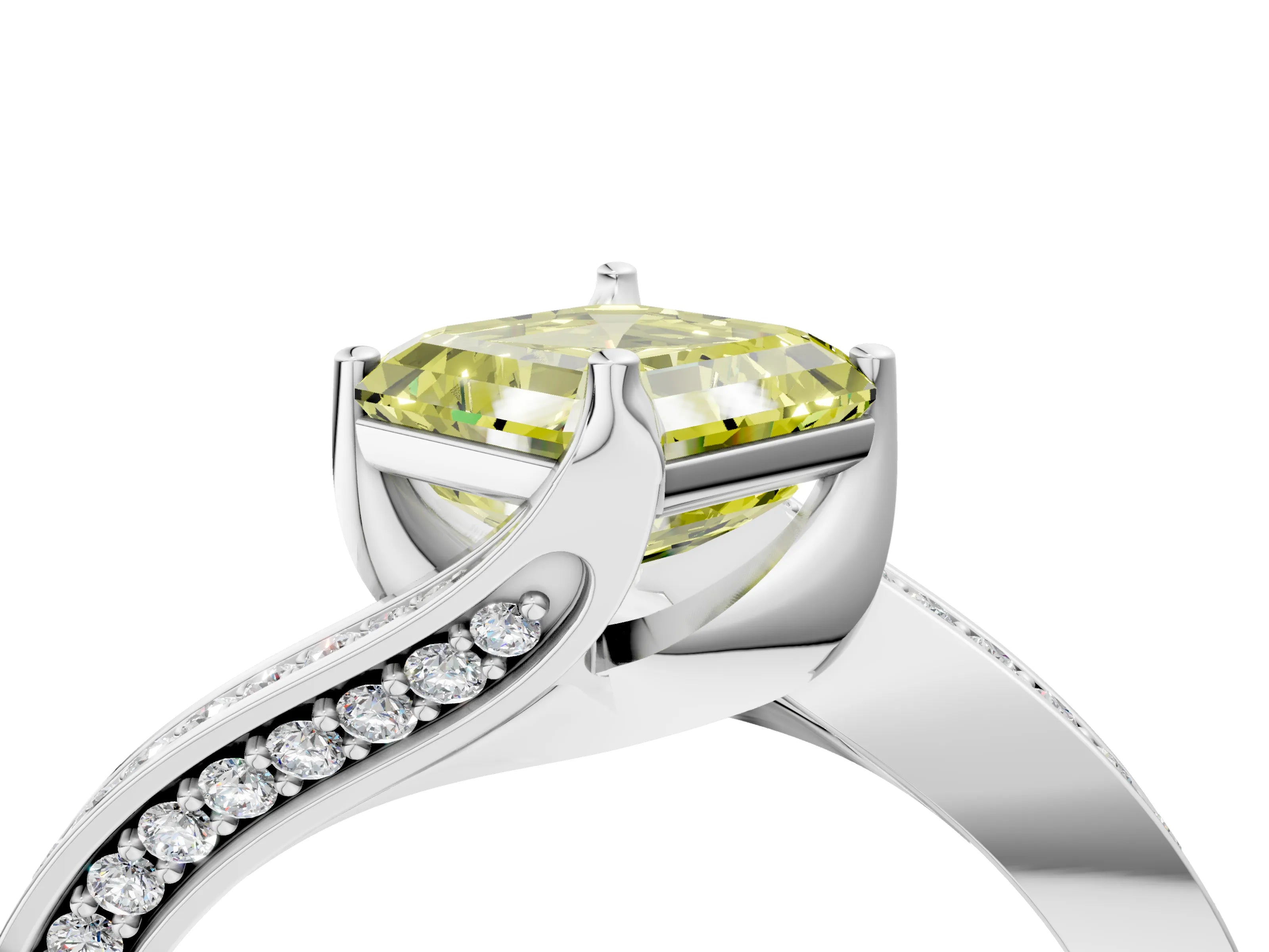 White gold Fancy Yellow Asscher Cut Solitaire Diamond Twist Band with Pavé Setting and Four-Prong Setting_16