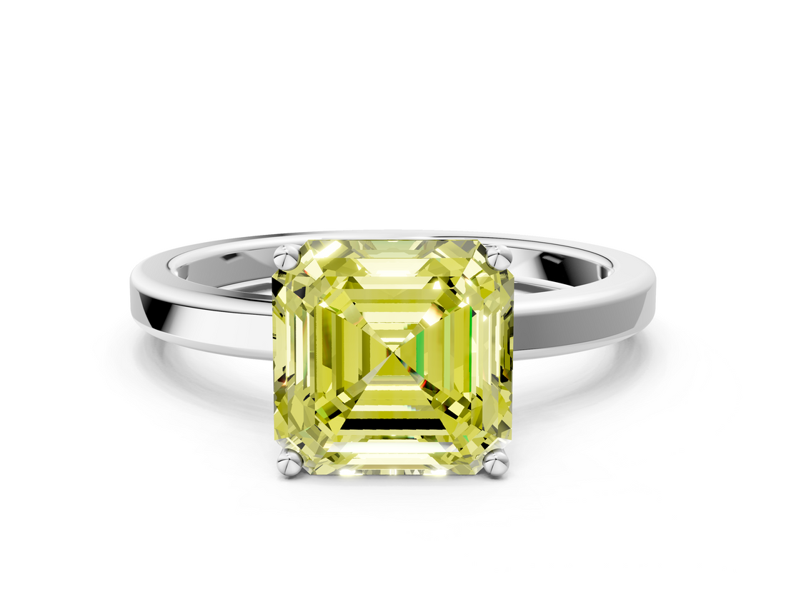 White gold Fancy Yellow Asscher  Cut Solitaire Engagement Ring with Four-Prong Setting on a Classic Band