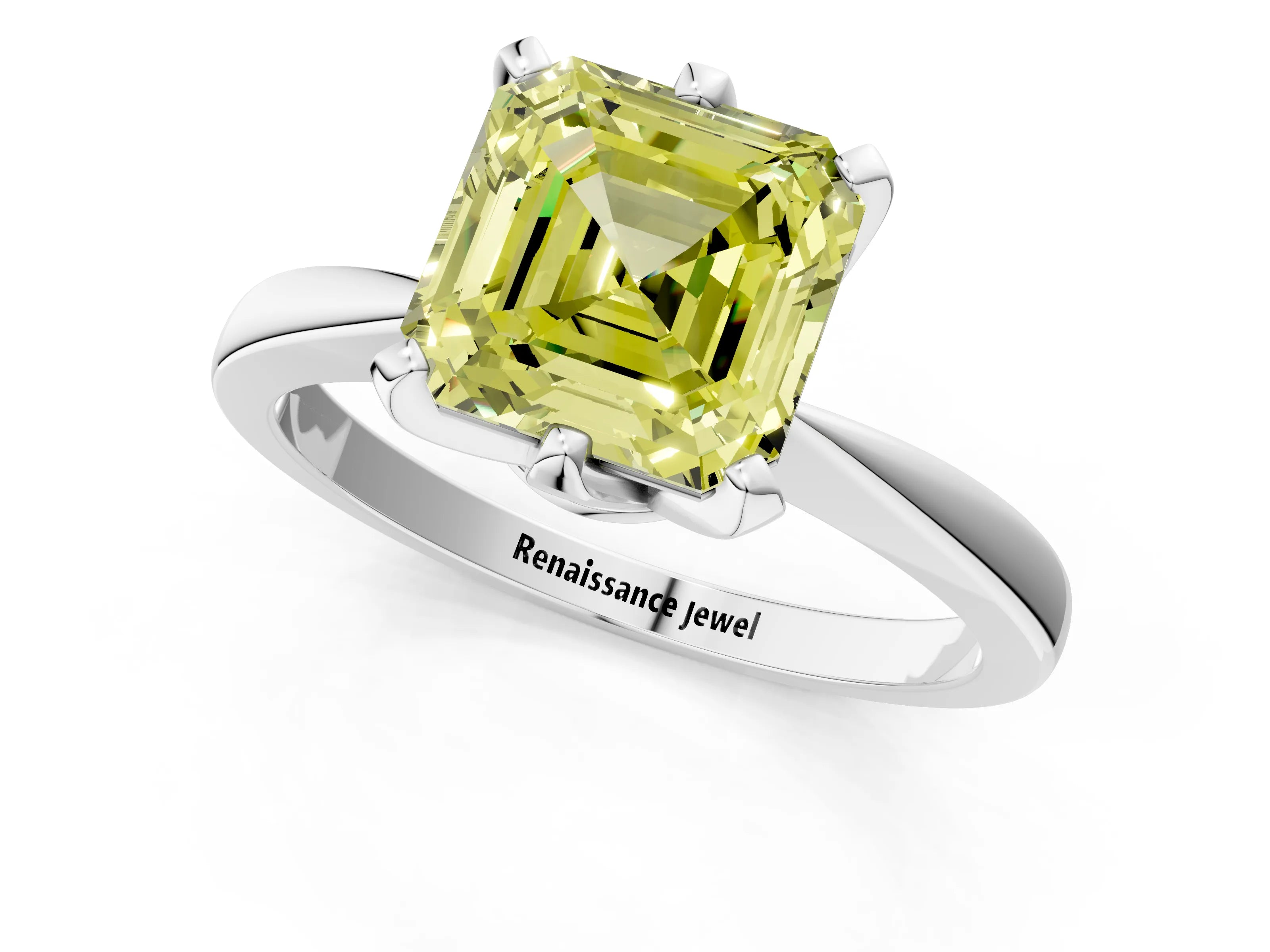 White gold Fancy Yellow Asscher Cut Solitaire Engagement Ring with Six-Prong Setting and Tapered Band_1