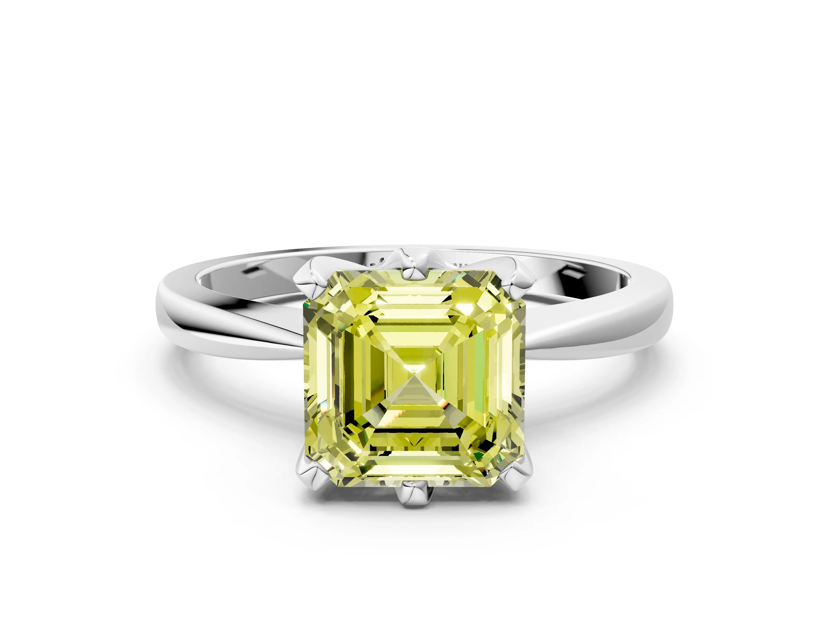 White gold Fancy Yellow Asscher Cut Solitaire Engagement Ring with Six-Prong Setting and Tapered Band
