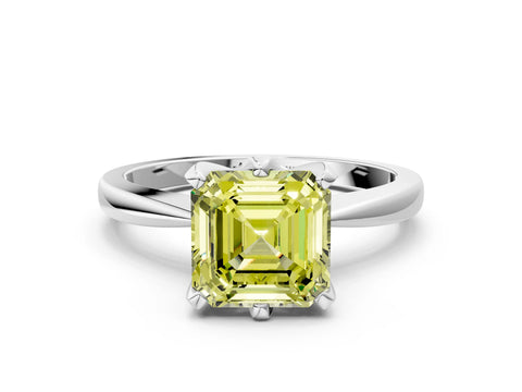 White gold Fancy Yellow Asscher Cut Solitaire Engagement Ring with Six-Prong Setting and Tapered Band