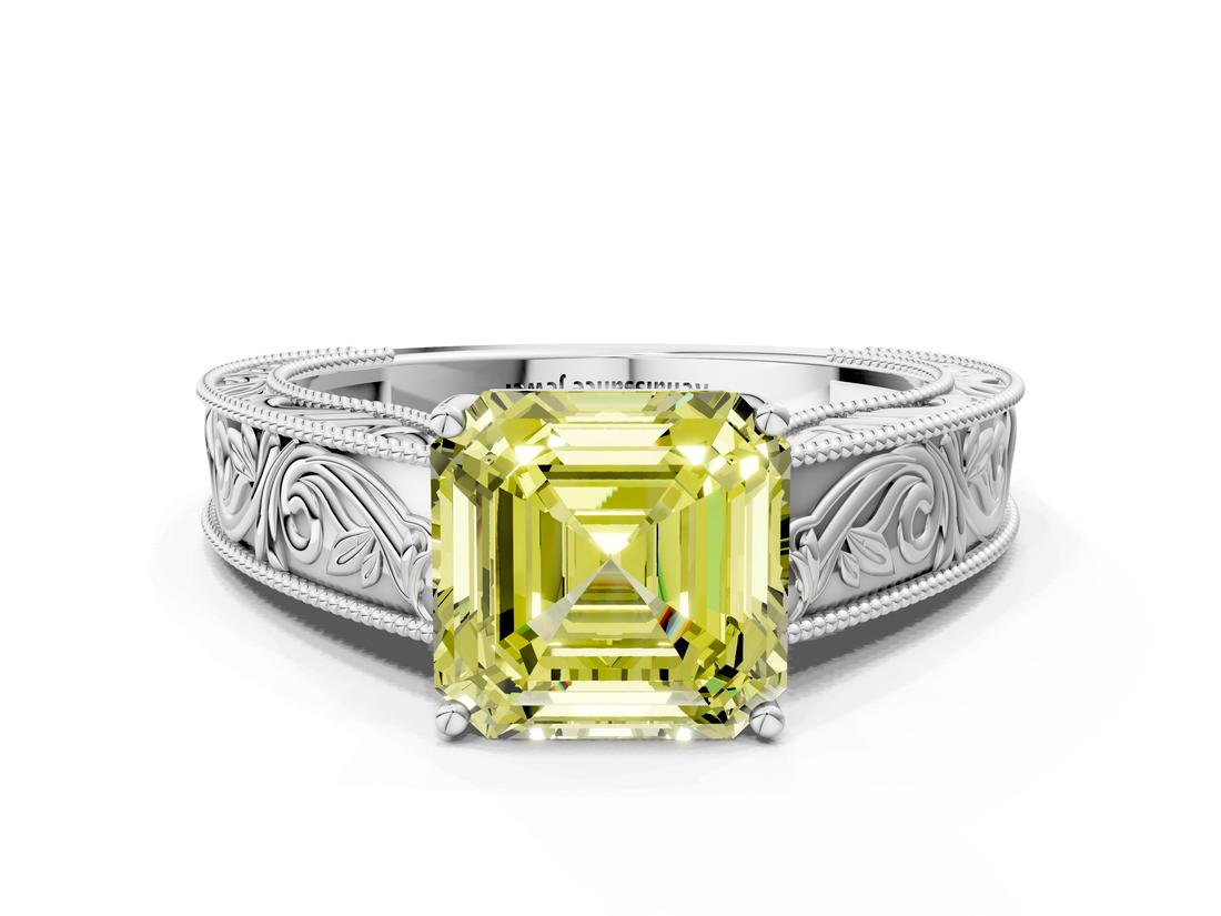 White gold Fancy Yellow Asscher  Cut Solitaire Engraved Band with Four-Prong Setting