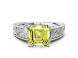 White gold Fancy Yellow Asscher  Cut Solitaire Engraved Band with Four-Prong Setting