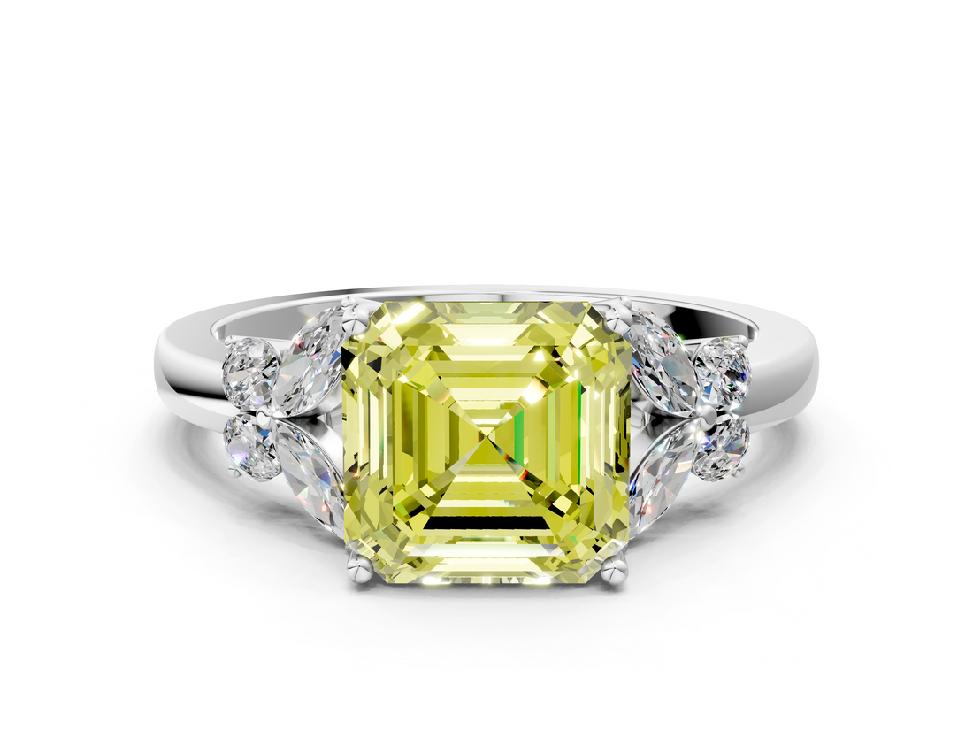 White gold Fancy Yellow Asscher  Cut Solitaire Floral Diamond Ring with Four-Prong Setting_12