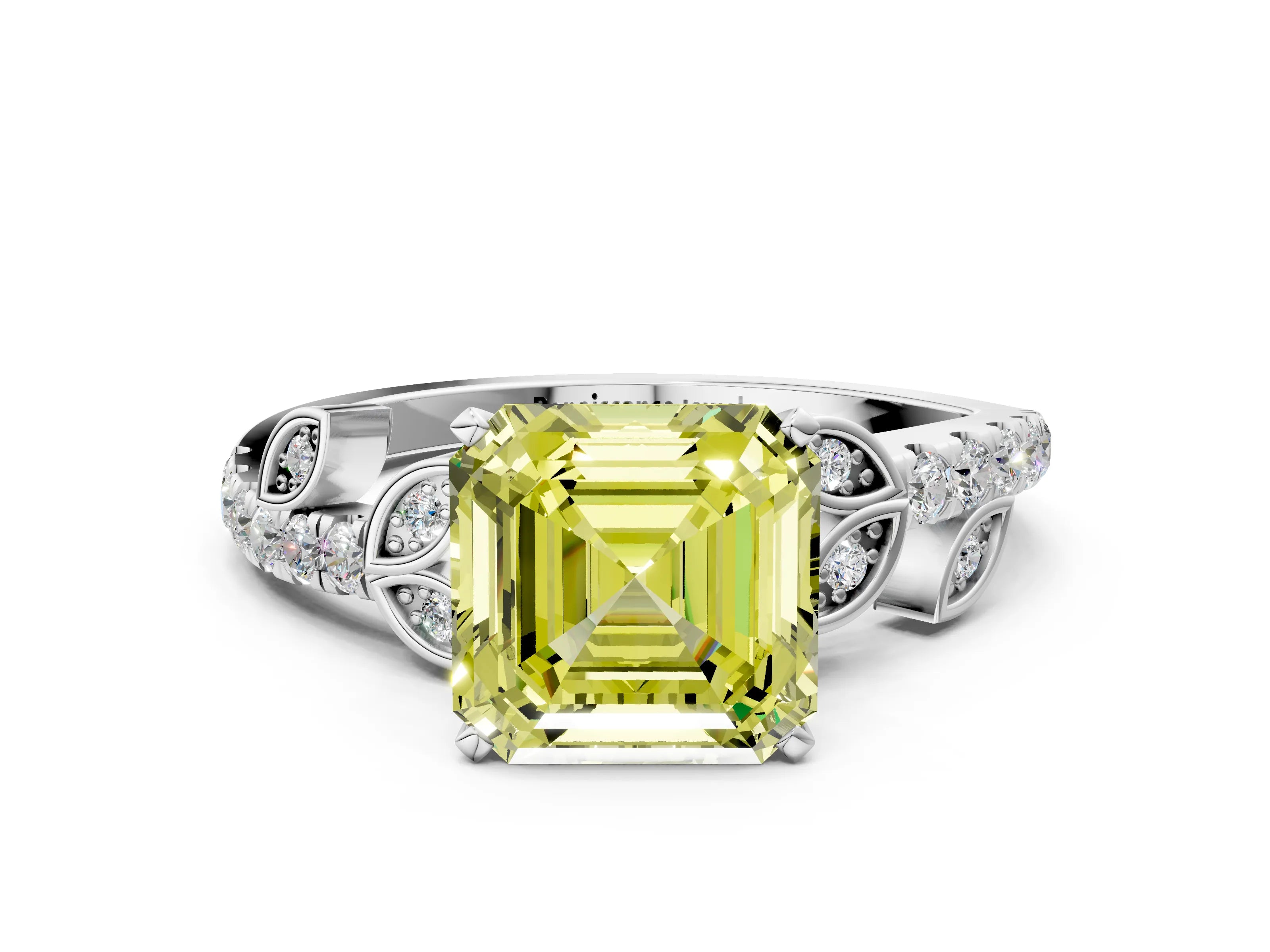 White gold Fancy Yellow Asscher Cut Solitaire Leaf-Inspired Diamond Ring with Pavé Band and Four-Prong Setting_12