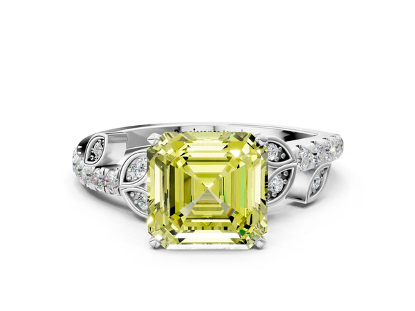Platinum Asscher Cut Leaf Solitaire Engagement Ring Setting for Fancy Yellow Center with Pave Band