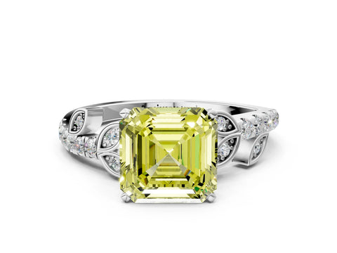 White gold Fancy Yellow Asscher Cut Solitaire Leaf-Inspired Diamond Ring with Pavé Band and Four-Prong Setting_12
