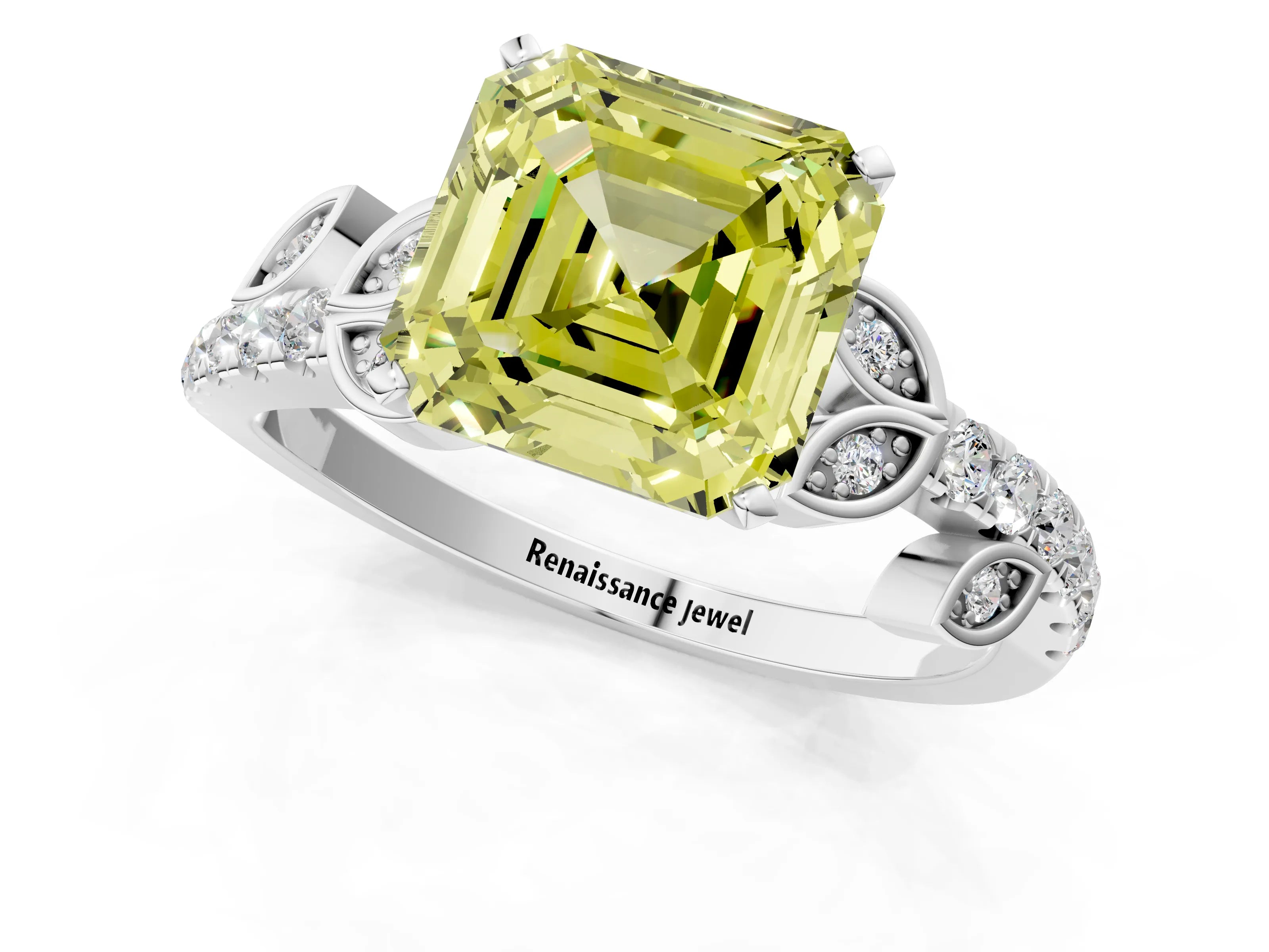 White gold Fancy Yellow Asscher Cut Solitaire Leaf-Inspired Diamond Ring with Pavé Band and Four-Prong Setting_13