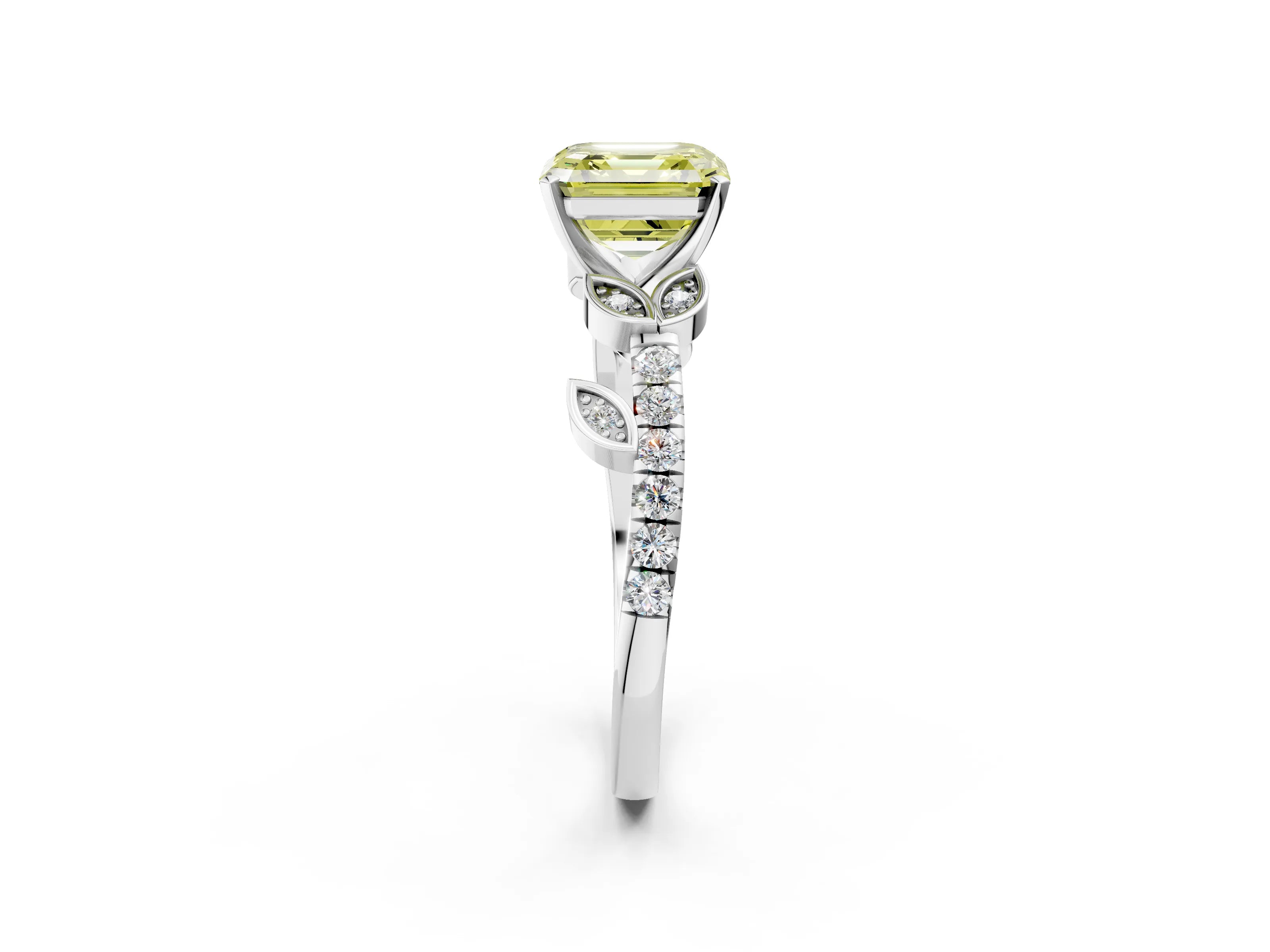White gold Fancy Yellow Asscher Cut Solitaire Leaf-Inspired Diamond Ring with Pavé Band and Four-Prong Setting_14