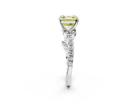 White gold Fancy Yellow Asscher Cut Solitaire Leaf-Inspired Diamond Ring with Pavé Band and Four-Prong Setting_14